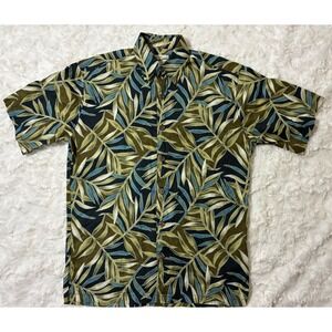 Hilo Hattie Mens Hawaiian Shirt Small Green Blue Palm Leaf Tropical Cotton